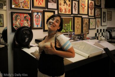 Tits out in tattoo shop