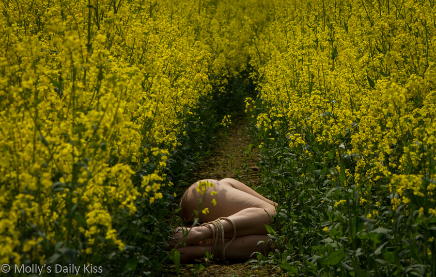 Laying naked with tied ankles in rape field