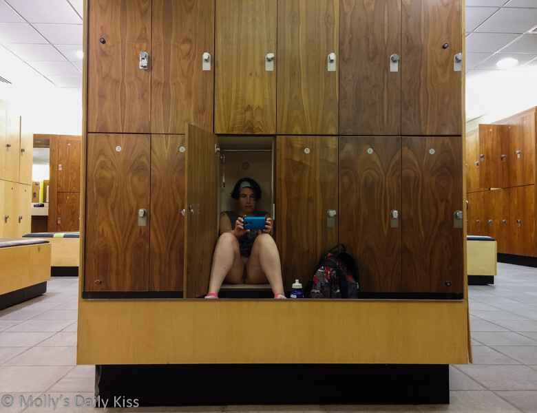 Molly sitting in with no pants on in locker in ladies locker room