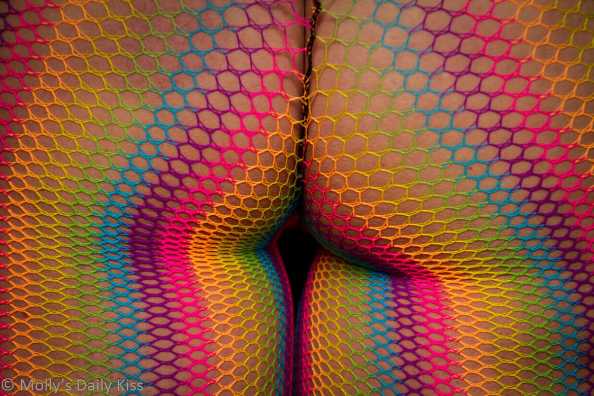 Mollys bum clad in rainbow coloured fishnet tights