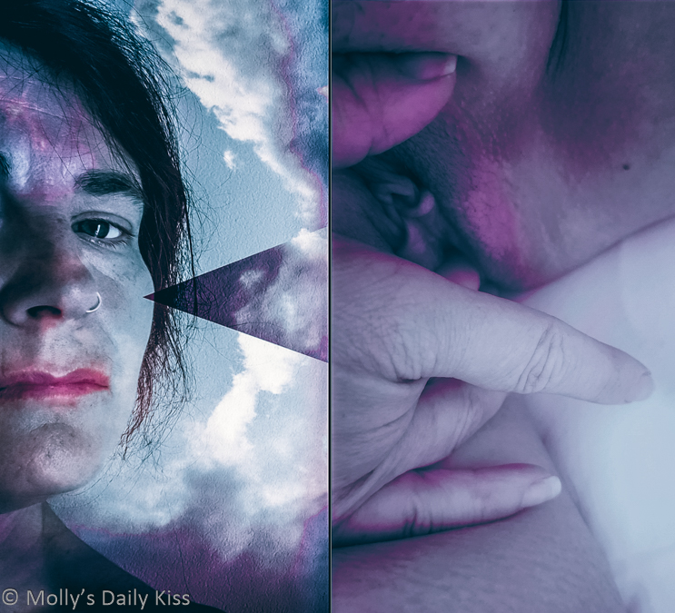 Collage of Molly's face in storm clouds with arrow pointing at her eye and in the other half of the image her finger are in her cunt and one finger mirrors the arrow on the other side for post called refracted