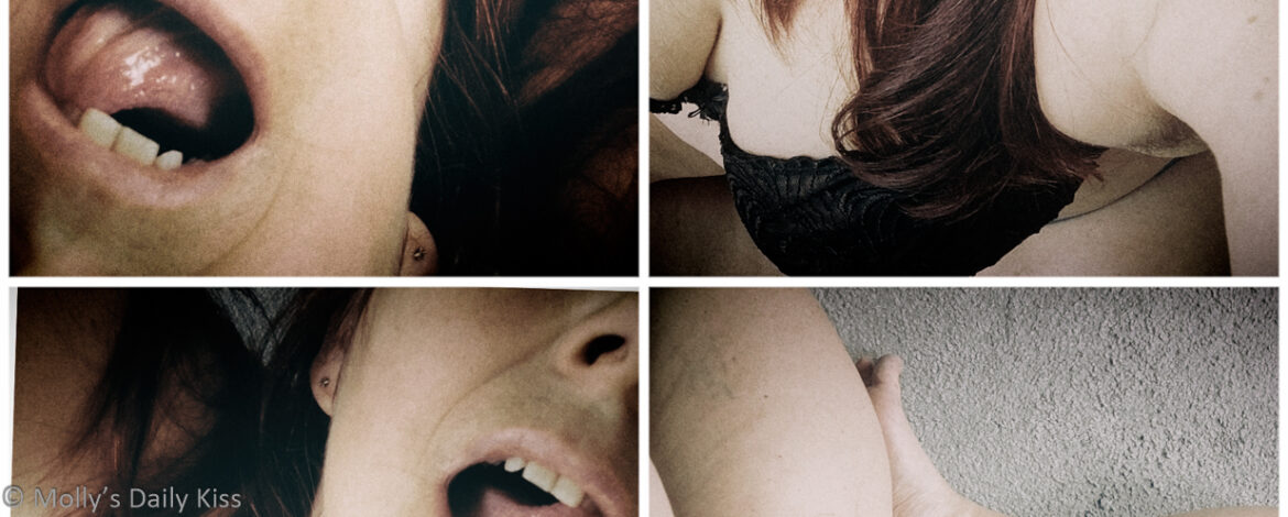 Cropped image of Quadtych of molly wearing black bra and leaning back with her mouth open. We are looking down on her and can see her long hair cascading down her chest for post called Hunger